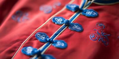 A red and blue jacket with embroidered designs photo
