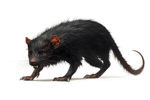 A black rodent with a long tail and red ears photo