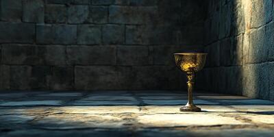 A golden cup is sitting on a stone floor in a dimly lit room photo