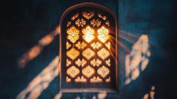A window with a sun shining through it photo