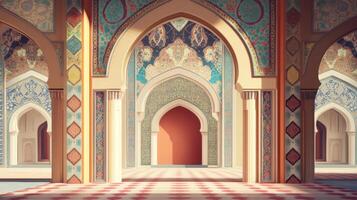 A large mosque with arched doorways and a red door photo