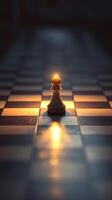Illuminated Chess Pawn on a Dramatic Chessboard with Warm Lighting and Shadows photo
