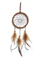 Handmade Dreamcatcher with Feathers and Beads Hanging Against a White Background photo