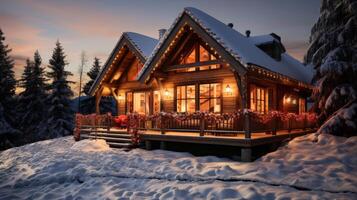 A cozy log cabin with a Christmas tree on the porch photo