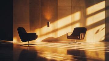 Modern Minimalist Interior with Stylish Armchairs and Soft Ambient Lighting photo