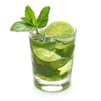 A refreshing cocktail with lime and mint isolated on a plain white background. photo