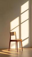 Minimalist Wooden Chair in Sunlit Room with Soft Shadows on a Neutral Wall Background photo