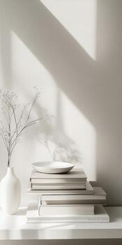 A white vase with a white flower in it sits on a table photo