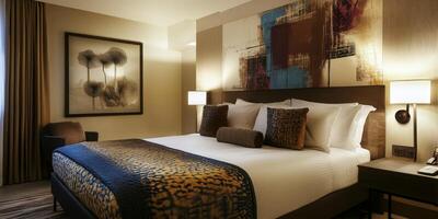 Cozy Modern Hotel Room with Elegant Decor and Comfortable Bedding in Warm Neutral Tones photo