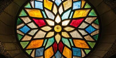A stained glass window with a flower design photo