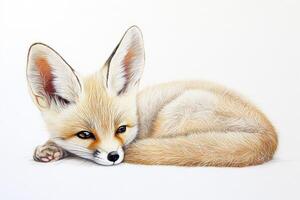 A baby fox is laying down on a white background photo