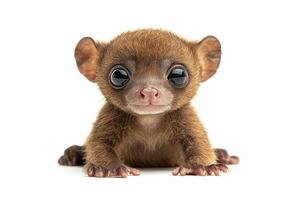 Adorable Baby Kinkajou on White Background with Big Eyes and Curious Expression photo