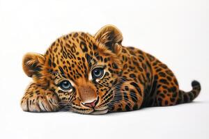 A baby jaguar is laying down on a white background photo