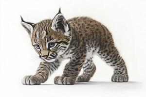 Adorable Bobcat Kitten in Motion with Detailed Fur Patterns on a White Background photo