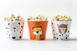 Colorful Animal-Themed Popcorn Buckets with Fresh Popcorn photo