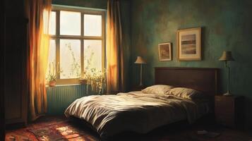 Cozy Vintage Bedroom with Sunlit Window and Rustic Decor in Warm Earth Tones photo