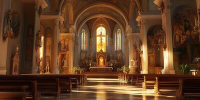 Stunning Sunlit Interior of a Historic Cathedral with Ornate Architecture photo