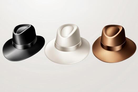 Three hats are shown in the image, with one being black, one white photo