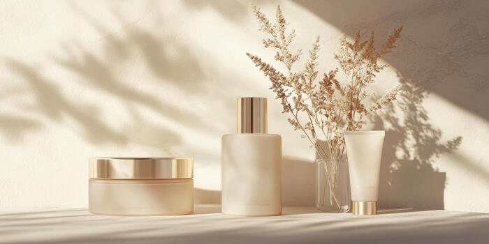 elegante protección de la piel productos con un brillante aureola efecto y minimalista texto superposiciones foto