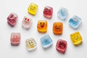 A row of ice cubes with faces on them photo