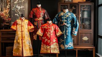 Four children in traditional Chinese clothing stand in a row photo