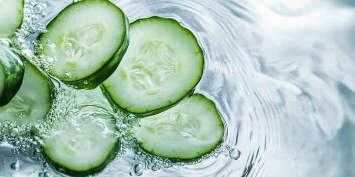 A close up of cucumber slices in a glass of water photo
