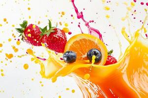 A splash of orange and blue juice with a strawberry and an orange in it photo