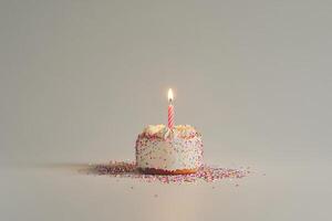 A small cake with a lit candle on top photo