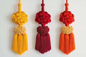 Vibrant Decorative Tassels in Yellow, Red, and Orange Against a White Background photo
