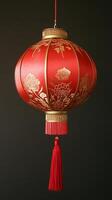 Traditional Red Chinese Lantern with Gold Floral Patterns on Dark Background photo