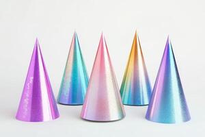 Colorful Iridescent Party Hats on White Background Perfect for Celebrations and Festive Occasions photo