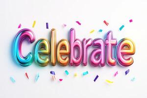 Colorful 3D Celebrate Text with Vibrant Confetti on White Background photo