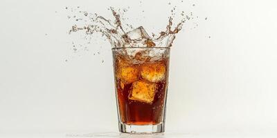 A glass of soda with ice cubes in it is splashing water all over the table photo
