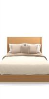 A bed with a wooden headboard and a white sheet photo