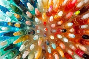 A row of colorful bottles with a rainbow pattern photo