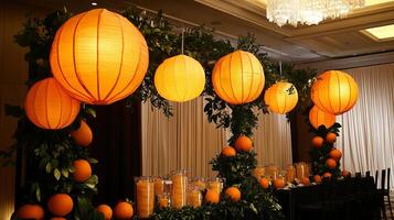 A room with a large number of orange lanterns hanging from the ceiling photo