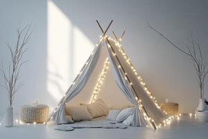 Cozy Indoor Tent with Fairy Lights in Minimalist Room with Soft Cushions and Natural Decor Elements photo
