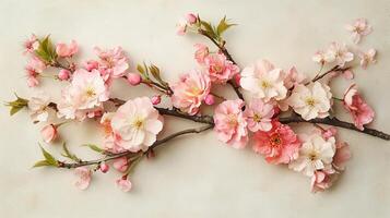 A pink and white branch of flowers is displayed on a white background photo
