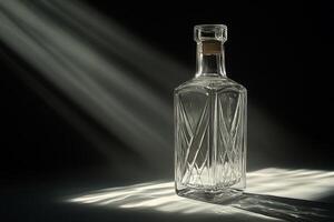 A bottle of liquor is sitting on a table photo