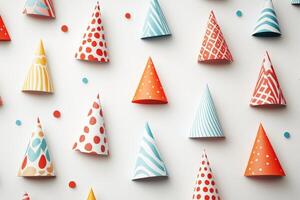 Colorful Patterned Party Hats on White Background photo