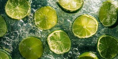 A close up of lime slices in a glass of water photo