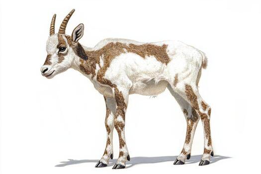 A goat with horns and a white face stands in front of a white background photo