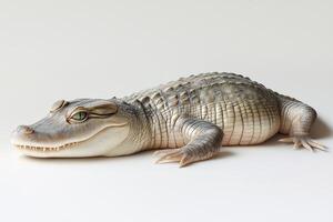 A baby alligator lays on a white background photo