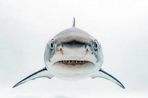 A shark is shown in a close up shot, with its mouth open and teeth bared photo