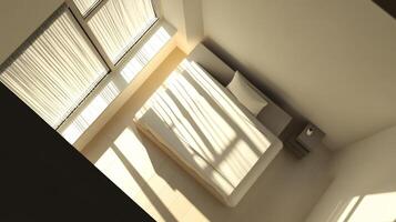 Minimalist Sunlit Bedroom with Modern Design and Large Windows Casting Shadows on the Floor photo