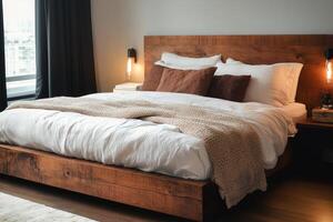 Cozy Modern Bedroom with Wooden Bed Frame and Soft Textiles in Natural Light photo