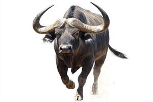 A large black ox with horns is running across a white background photo