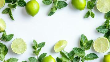 A white background with green leaves and lime slices photo