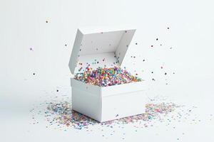 A white box with a lot of colorful confetti inside photo