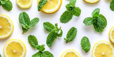 A close up of a lemon and a bunch of mint leaves photo
